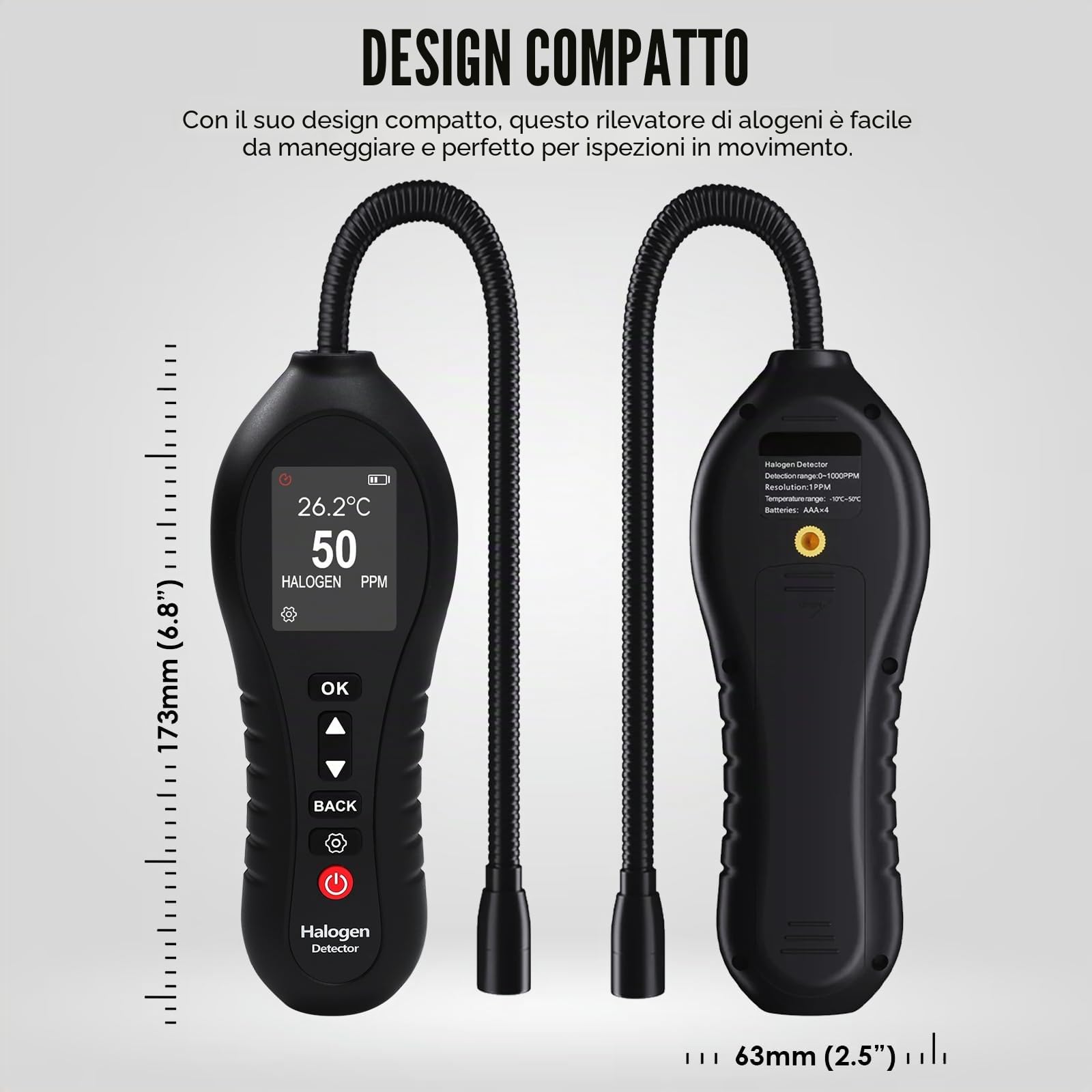 Rilevatore di perdite di refrigerante HVAC Freon Sniffer con sonda flessibile da 25,4 cm, gamma 0-1000 PPM, schermo colorato, per sistemi automobilistici e climatizzati (CFC, HCFC e HFC)
