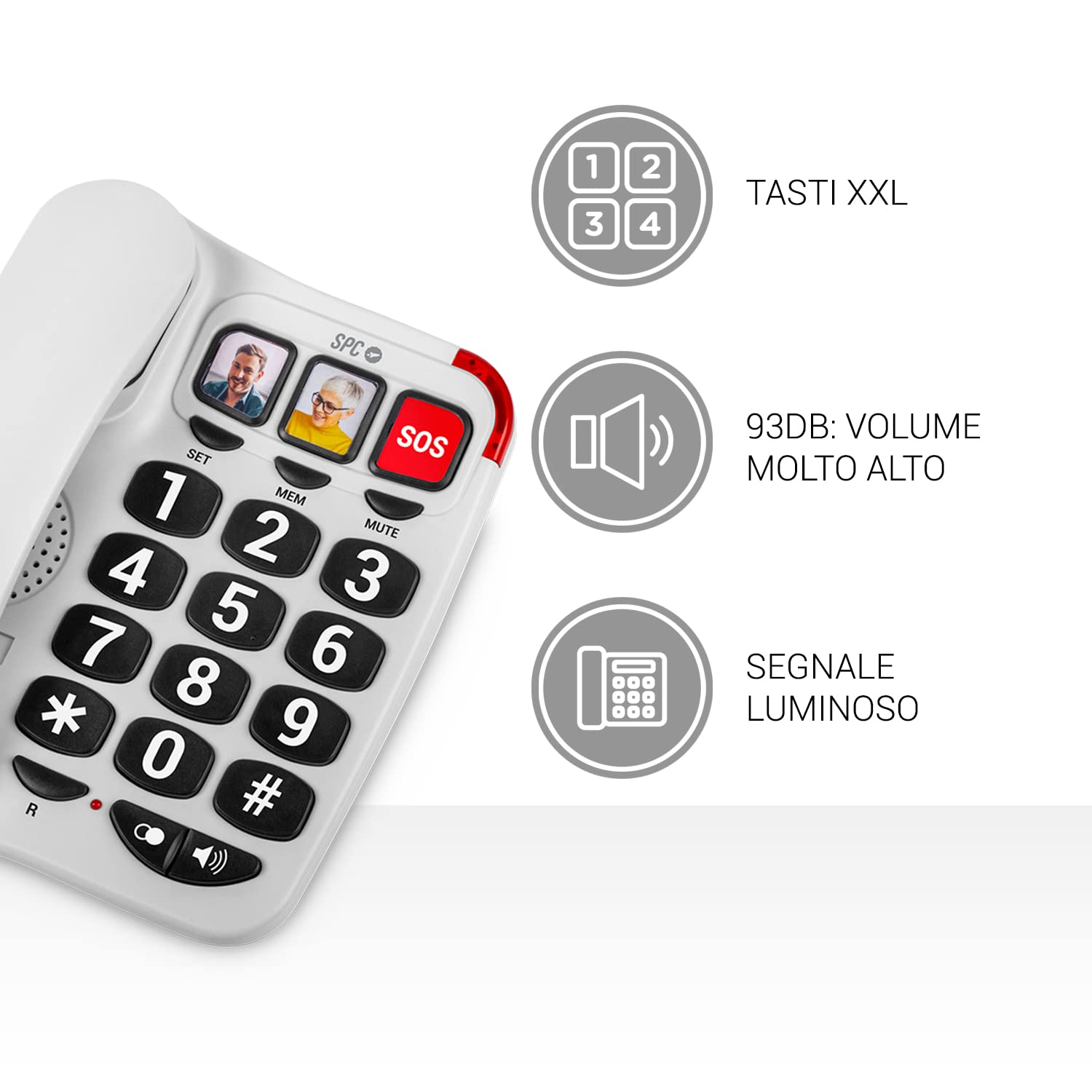 SPC Comfort Numbers 2 – Telefono fisso per anziani con tasti grandi, 3 memorie dirette con foto, volume molto alto, compatibile con apparecchi acustici, segnale luminoso, da tavolo o da parete