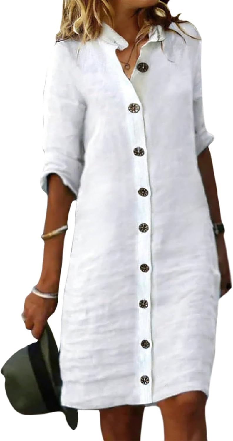 Button Down Shirt Midi Dress for Women, Linen Elbow Sleeve Knee Length Loose Casual Spring Summer Linen Button Dress