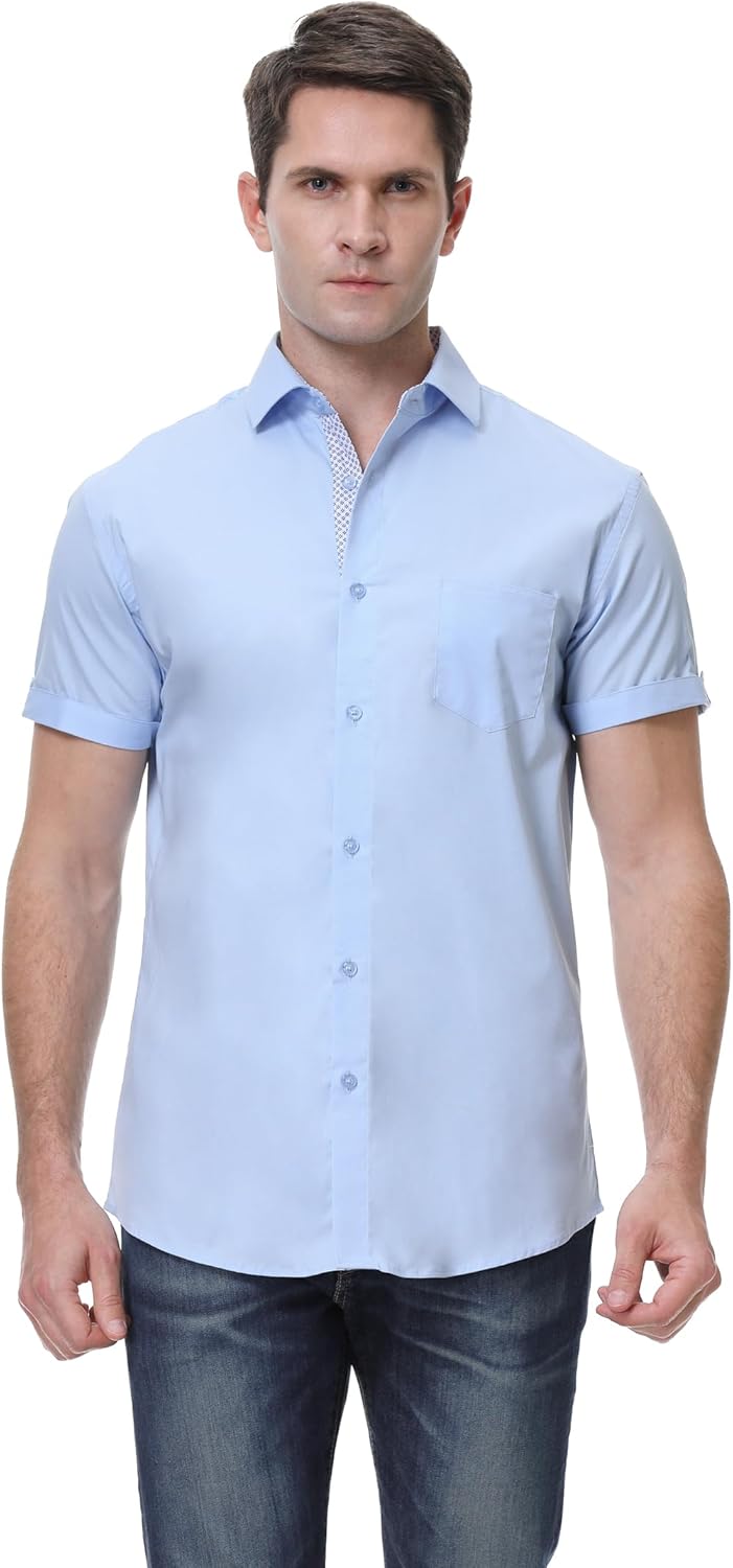 Esabel.C Mens Short Sleeve Dress Shirts 4-Way Stretch Regular Fit Stretch Wrinkle-Free Casual Button Down Shirts - Image 2