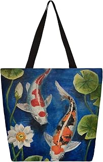 Sacola de lona para mulheres animal carpa lótus sacolas grandes para homens com bolsos sacolas de compras resistentes reutilizáveis sacolas de compras, bolsa de ombro casual para escola, trabalho, praia, Multicor