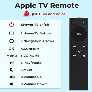 Replacement Remote Control Compatible with Apple TV Fits Apple TV 4K/HD 1st to 4th Gen, compatible with A1156, A1427, A1469, A1378; supports volume & power control
