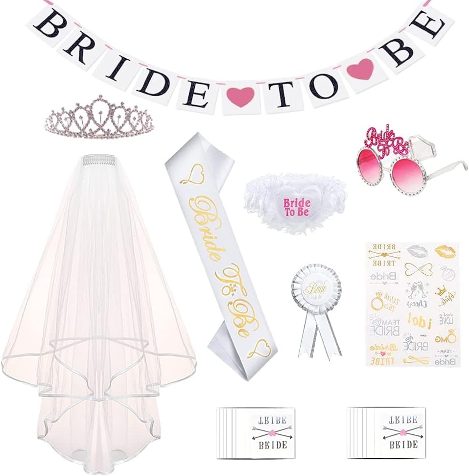 Hen Party Accessories Bride to Be Sash Set Including Bride Sash, Rhinestone Tiara Crown, Tattoos, Bride Sunglasses, Bride Garter, Bride Banner, Rosette Badge, Hen Party Veil with Comb for Hen Night