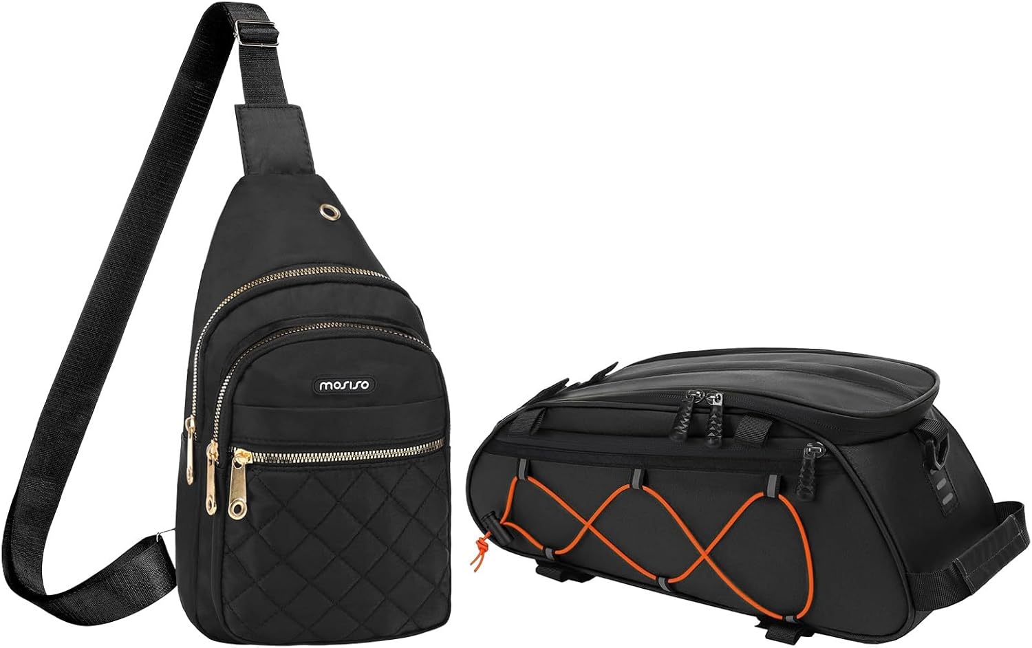 MOSISO Rhombus Quilted Small Sling Backpack Crossbody Sling Bag with Front Horizontal Pocket&Bike Rack Bag with 2 Removable Panniers, Waterproof Bike Trunk Cooler Storage Handbag, Black