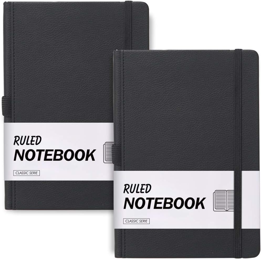 2 Pack Ruled Notebook Journal, Lined Notebook and Journal Hardcover Thick Paper A6 with Inner Pocket, 100 Sheets/200 Pages per Notebook, 3.5“×5.5“ Inch (Black, Ruled)