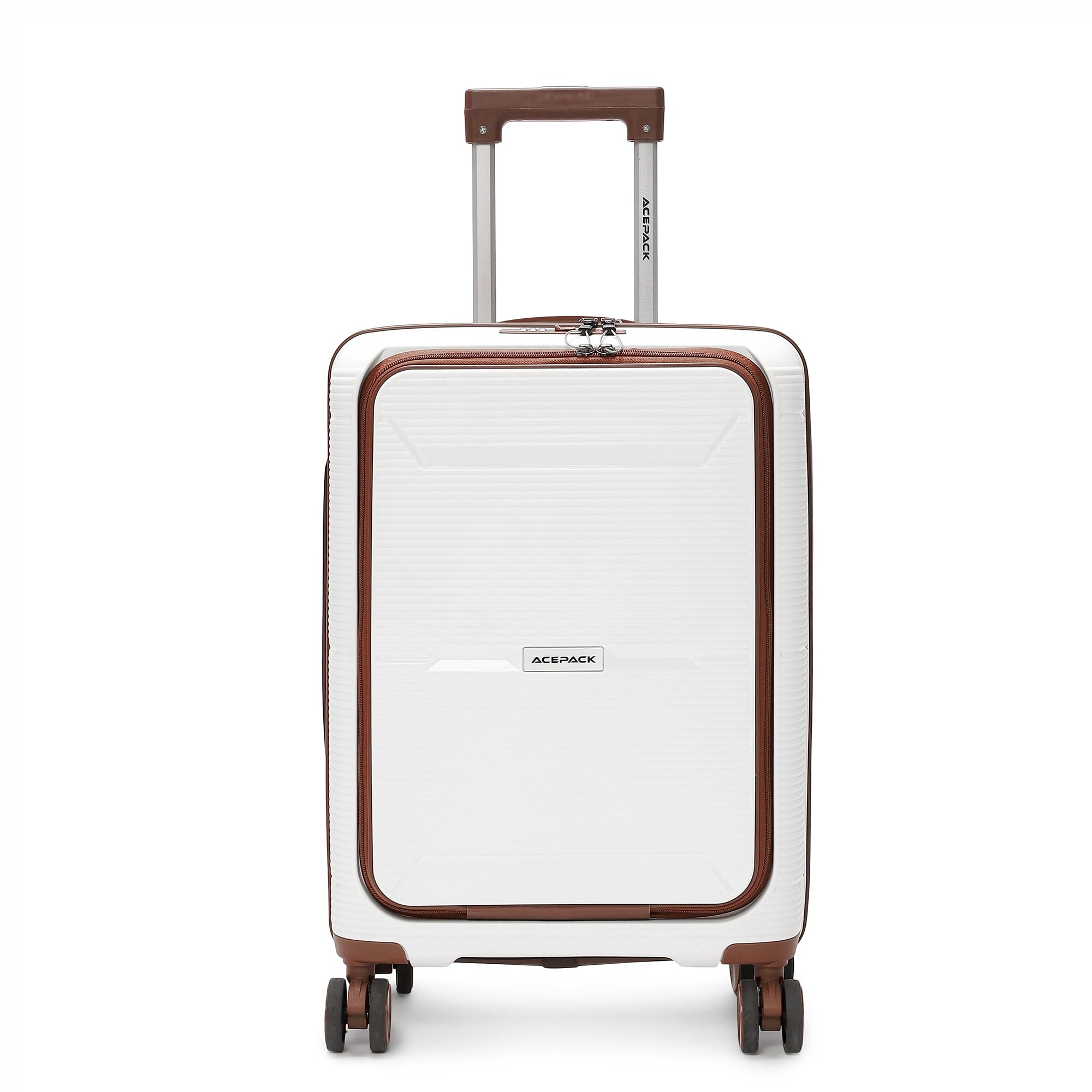 acepack Columbia Front Open 57cm Small Size Lightweight Polypropylene Suitcase | Anti-Theft Double Zipper | Built-in Number Lock | Spacious & Durable Luggage with Laptop Compartment (Off White/Brown)-picture-50