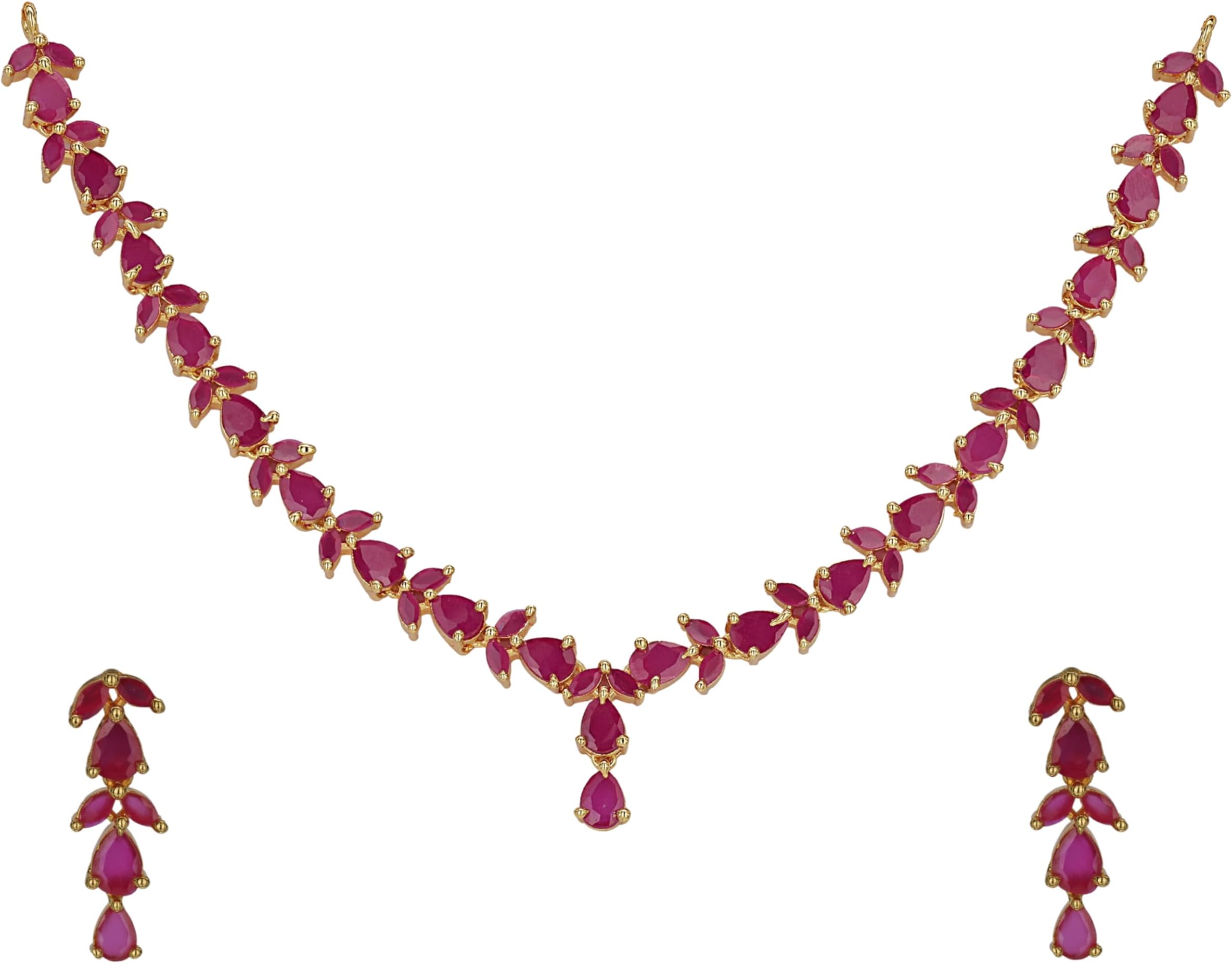 Micro Gold Plated Radient AD Ruby American Diamond Jewellery Necklace Set with Earrings for Women and Girls, Free Size, Brass, No Gemstone