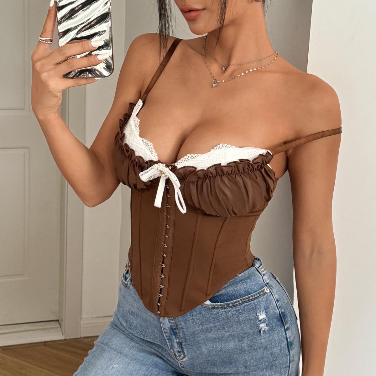 Women Ruffled Lace Trim Bow Sexy V Neck Corset Tops Adjustable Straps Bustier Bodyshaper Crop Top - Image 4