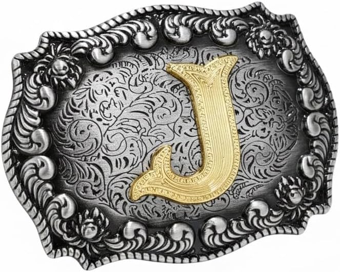 Western Initial Belt Buckle Men Women Gold Letter Monogram Silver Floral Engraved Cowboy Rodeo Gift