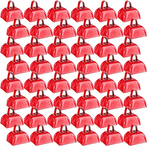 Yeshone 48 Pcs Metal Cowbells with Handles Loud Noise Makers Small Hand Percussion Cowbells for Football Events, Wedding, Graduation Team Cheering(Red)