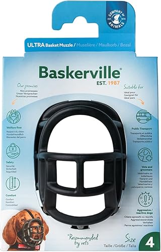 Miniatura 10 de BASKERVILLE Bozal ultra para perro, color negro, talla 4, perfecto para perros medianos, evita masticar y morder, la cesta permite jadear y beber,