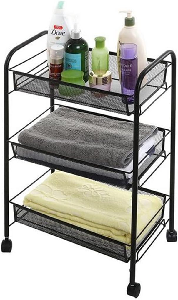 Storage Cart with Hook and Wheels Exquisite Honeycomb Net Three Tiers Sturdy Iron Frame Multi-Function Cart