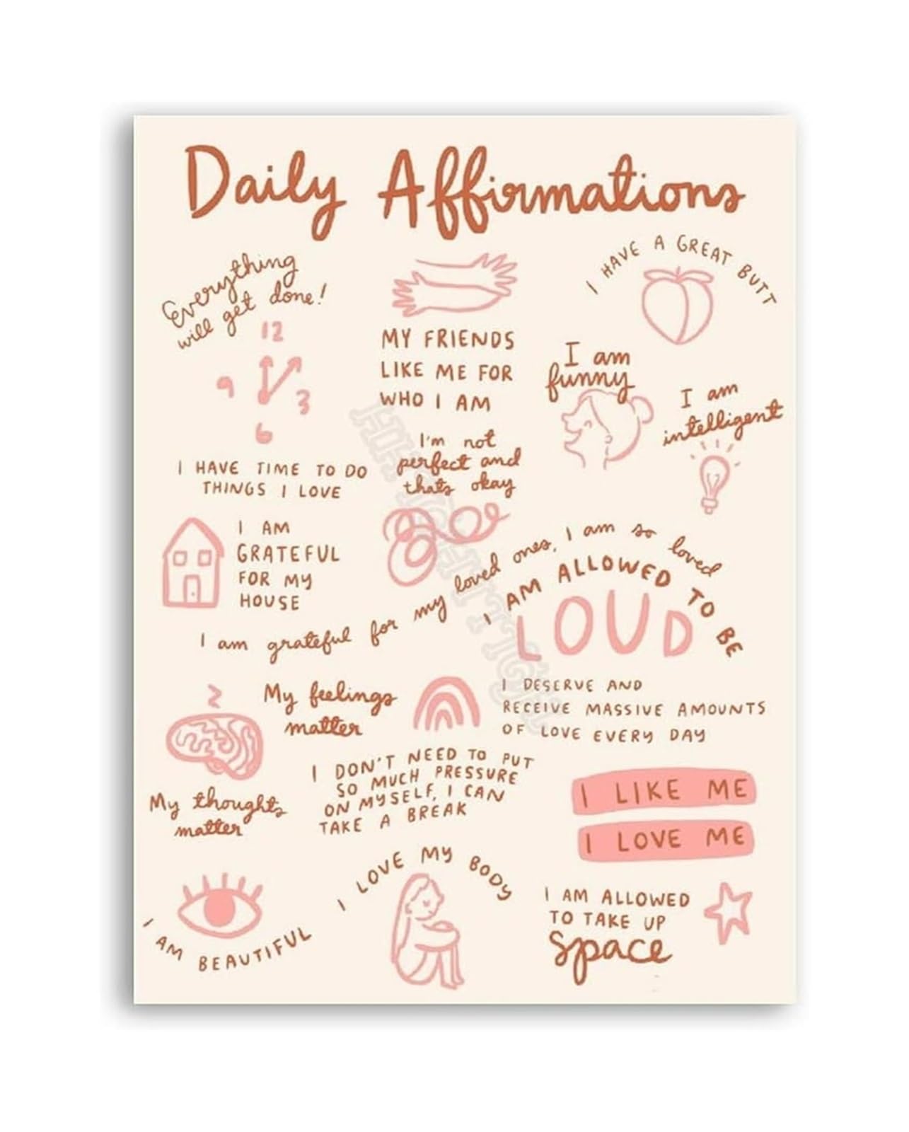 REIUAFWYGV Daily Affirmations Doodle Art Poster Thinking Hand Drawn Canvas Wall-Art(Unframed,12x18inch(30x45cm))