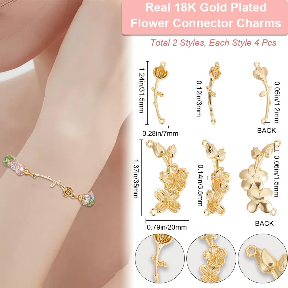 Beebeecraft 8Pcs 2 Styles Flower Connector Charms Real 18K Gold Plated Brass Floral Rose Cherry Blossoms Links for Necklace Bracelet Jewelry Making