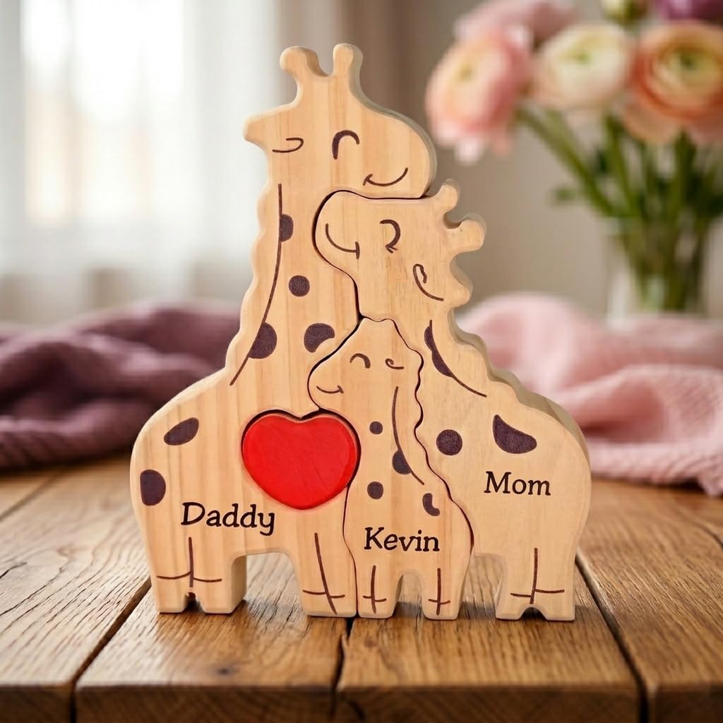 Personalised Wooden Giraffe Family Puzzle, Custom Engraved Giraffe Puzzles with 2-5 Names, Home Decoration Mothers Day Fathers Day Birthday Gifts for Mum Dad Grandma Granny Grandpa (Giraffe) — image 1