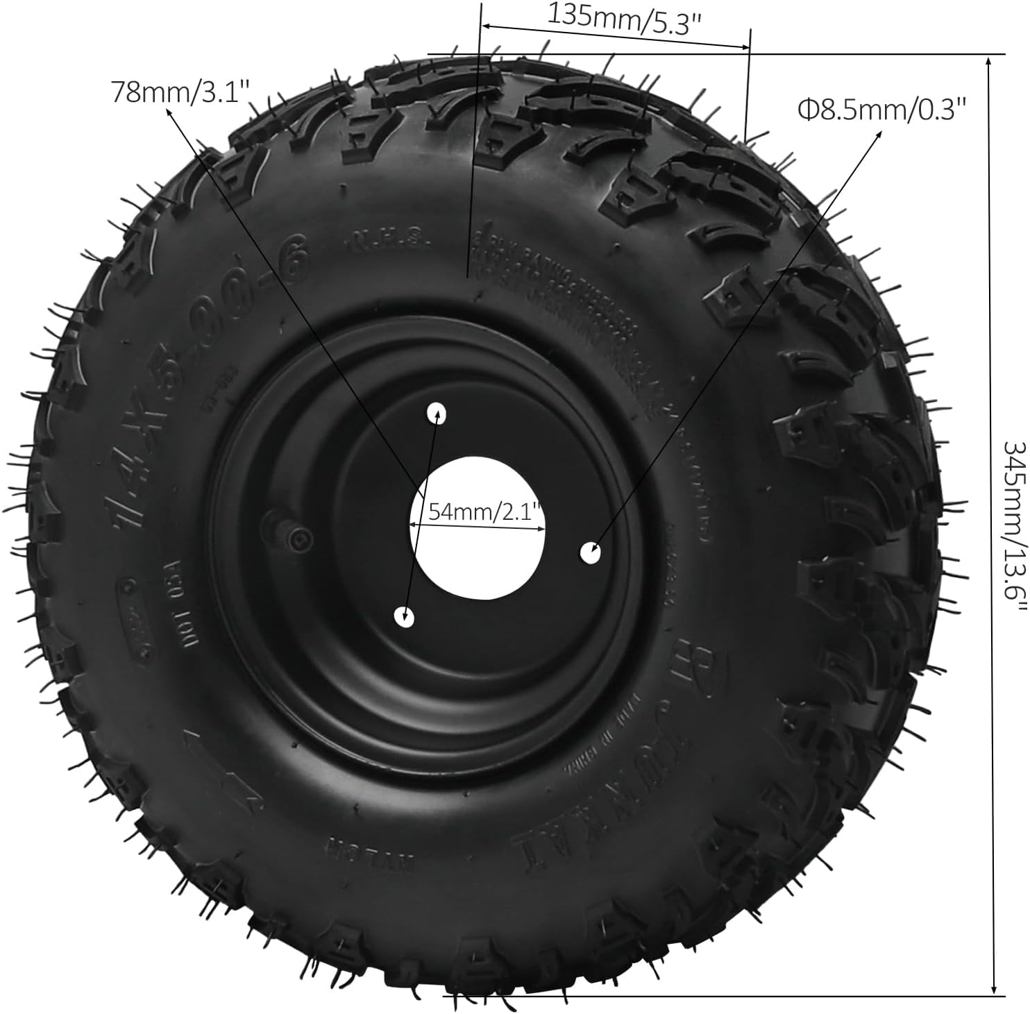 14x5.00-6 ATV Tires with 6" Aluminum Alloy Rim, Tubeless, 2 Pack, Front Wheel Axle Hubs, Fits Go Kart, Mini Bike, 4 Wheeler, Drift Trike, UTV, Lawn Mower