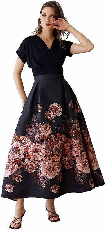 CHICWISH Women Peony Jacquard Flare Skirt A Line Vintage Elegant Maxi Skirt