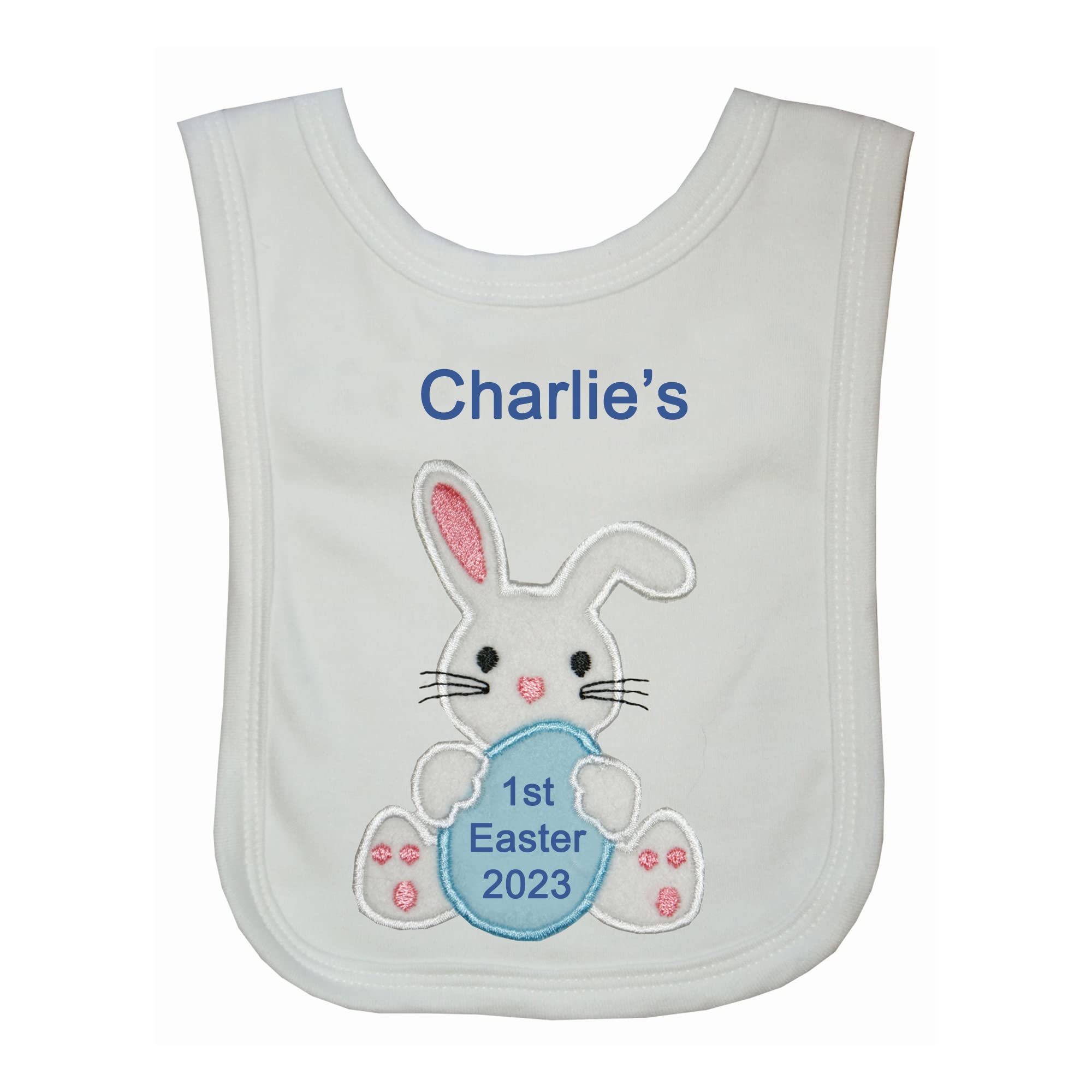 Oh Sew Simple 1st Easter Boy Bunny Personalised Bib. Handmade in the UK with embroidered name and year (White)