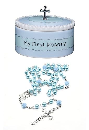 Miniatura 9 de Juego de regalo de bautismo católico de mis primeros rosarios azules y rosados con cajas de recuerdo a juego, regalos de bautismo de bebé para niña