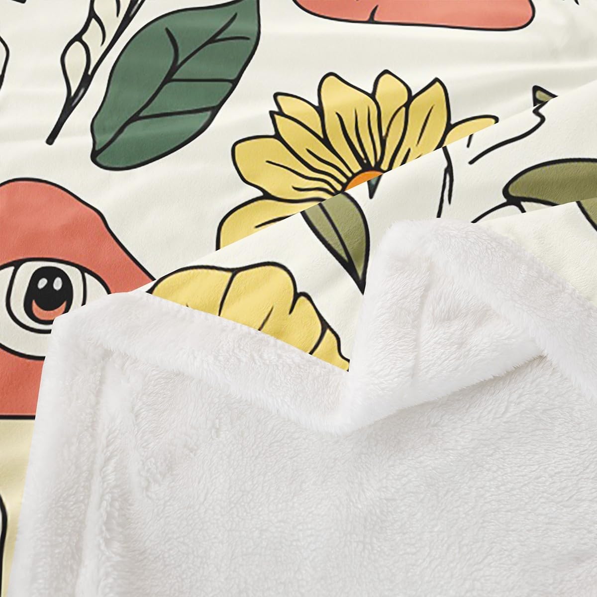 Cute Mushroom Sherpa Blanket Retro Boho Floral Throw Blanket Cartoon Trippy Hippie Flowers and Eyes Fuzzy Blanket Soft Decor Abstract Nature Plants Plush Blanket for Sofa Bed Couch 40x50 Inch
