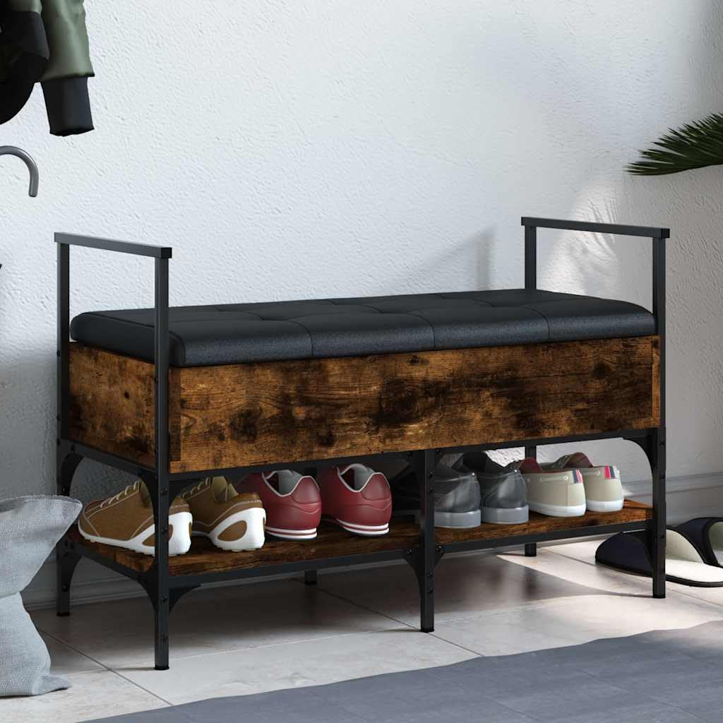 Meuble à chaussures en bois chêne fumé avec assise rembourrée de couloir