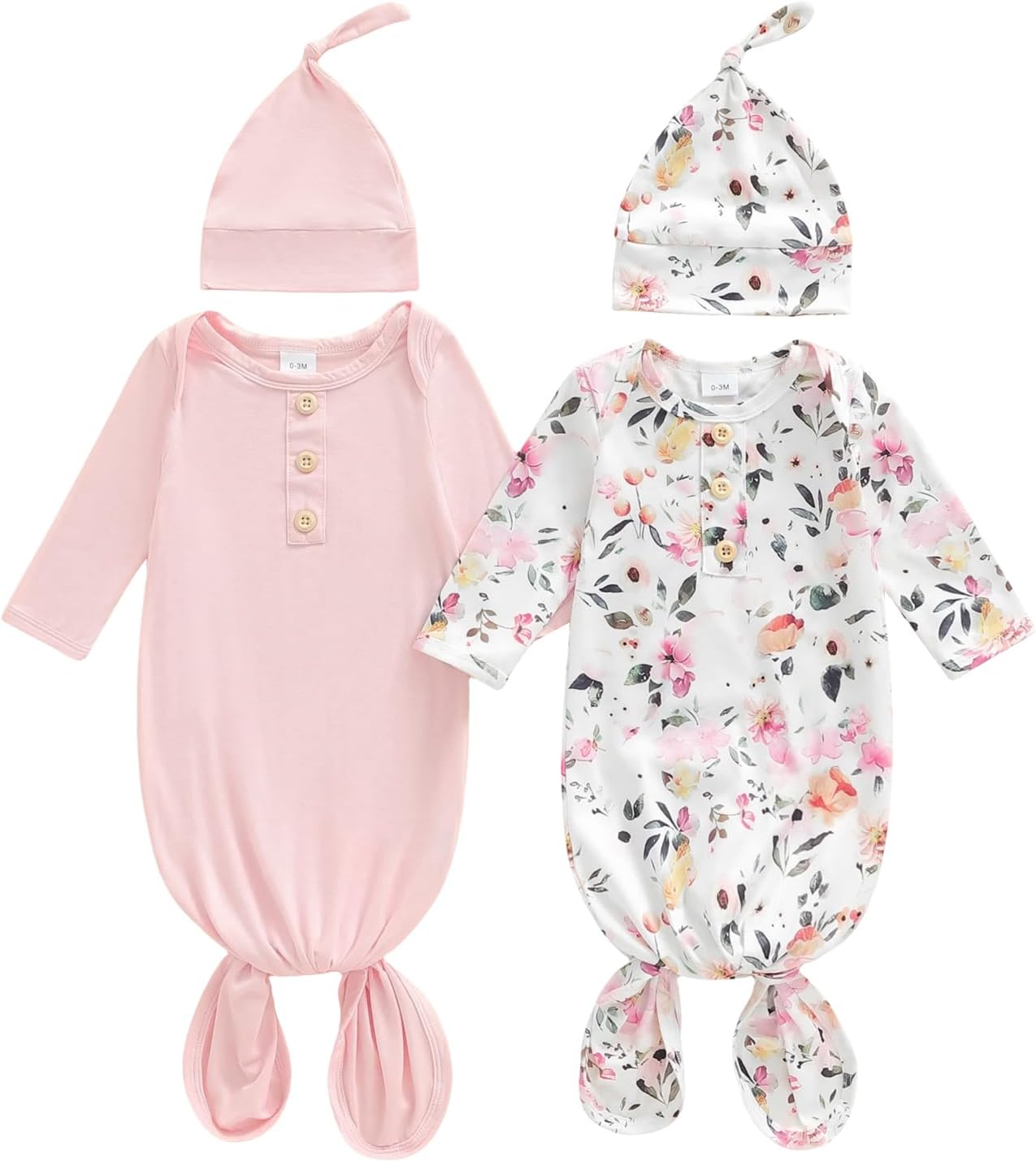 woshilaocai 2 Pack Baby Boy Girl Gown Sleeper Newborn Knotted Nightgown and Hat Set Infant Sleepwear