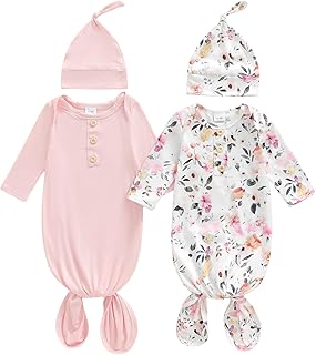 2 Pack Baby Boy Girl Gown Sleeper Newborn Knotted Nightgown and Hat Set Infant Sleepwear