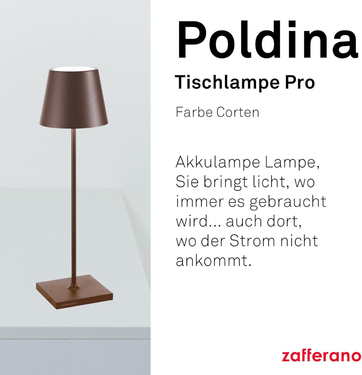 Zafferano, Poldina Pro, Rechargeable and Wireless Table Lamp with Touch Control, Can Also Be Used as Outdoor Light, Dimmer 2200-3000K, Height 38 cm, Corten Colour
