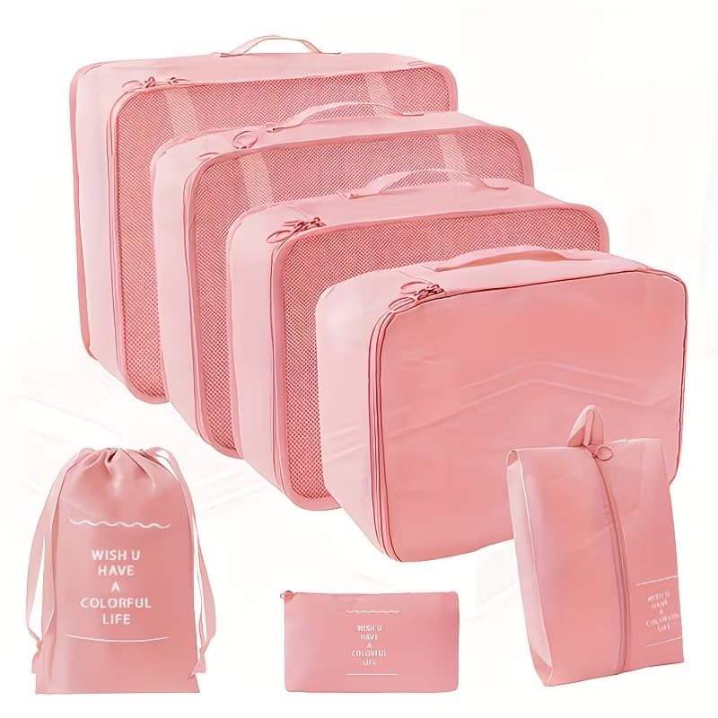 Kevim 7PCS Travel Storage Bag Set Packing Cubes High Capacity Nylon Organizer Lightweight Portable Suitcase Organizer for Clothes Shoes Accessories Travel Essentials Holiday Use (Pink)-image-12