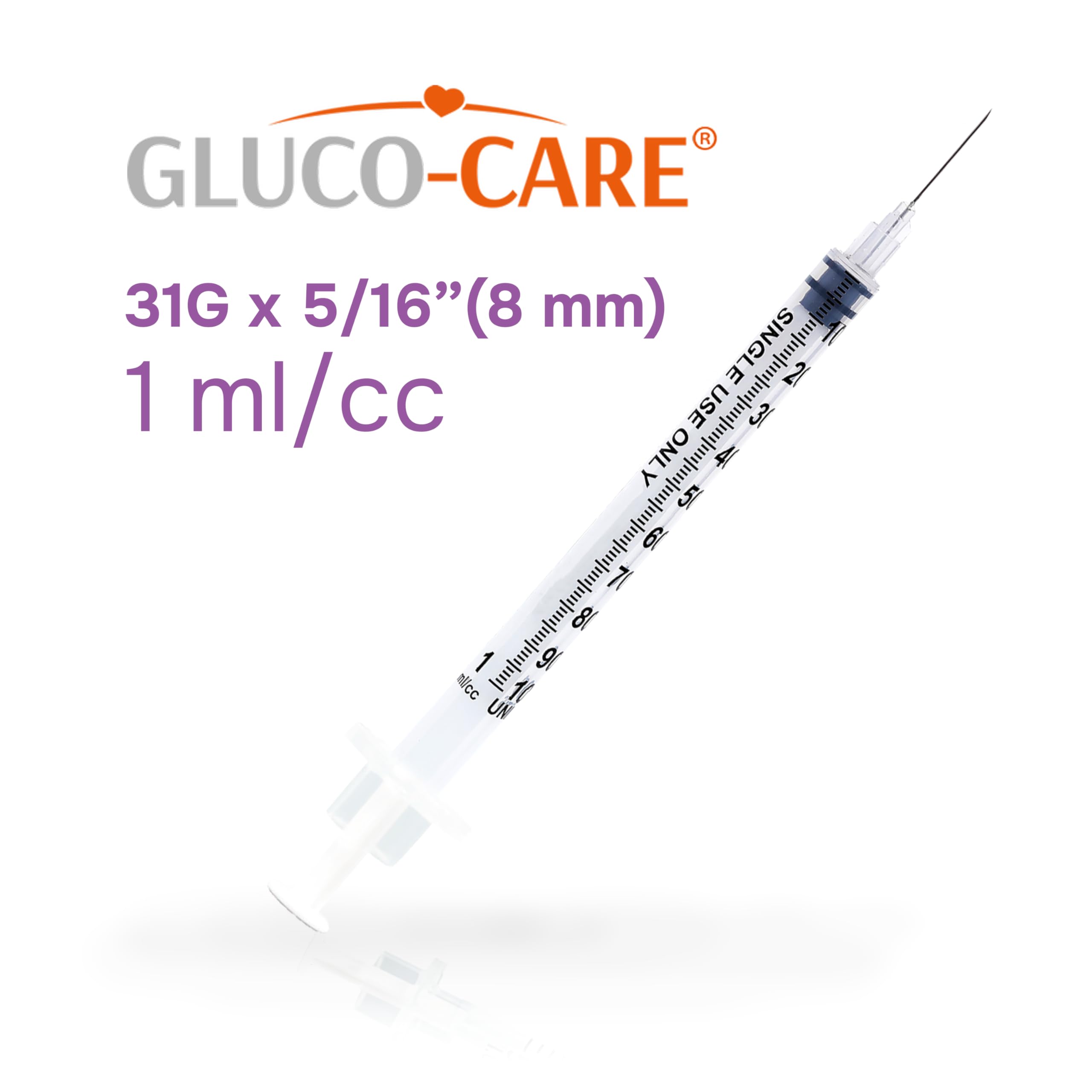 GLUCO-CARE 1ml /cc Syringes 31G x 5/16’’ (8mm), Orange Cap, Box of 50 pcs — Amazon image 2