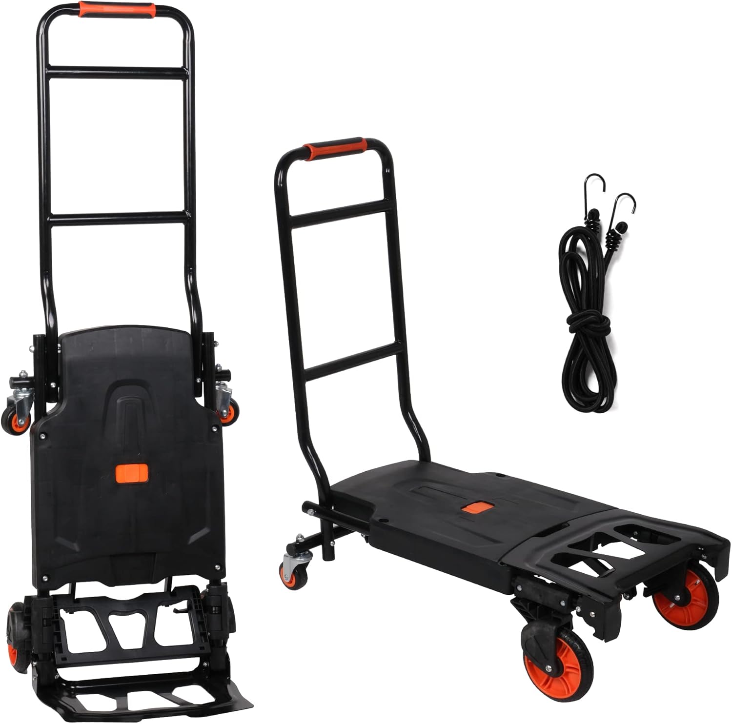 Folding Hand Truck 2 in 1 Platform Truck Cart Heavy Duty Folding Push Dolly for Moving One-Button Folding Dual-Purpose Design 330lbs Capacity Hand Cart Foldable Dolly Push Cart with Bungee Cord Black