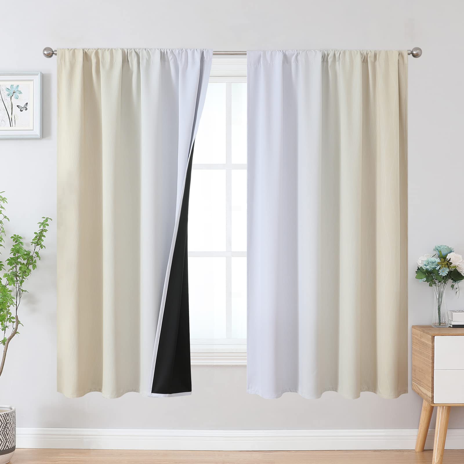 Estelar Textiler Beige and White Blackout Curtains for Living Room, Room Darkening Rod Pocket Ombre Curtains for Kids Room, Thermal Insulated Light