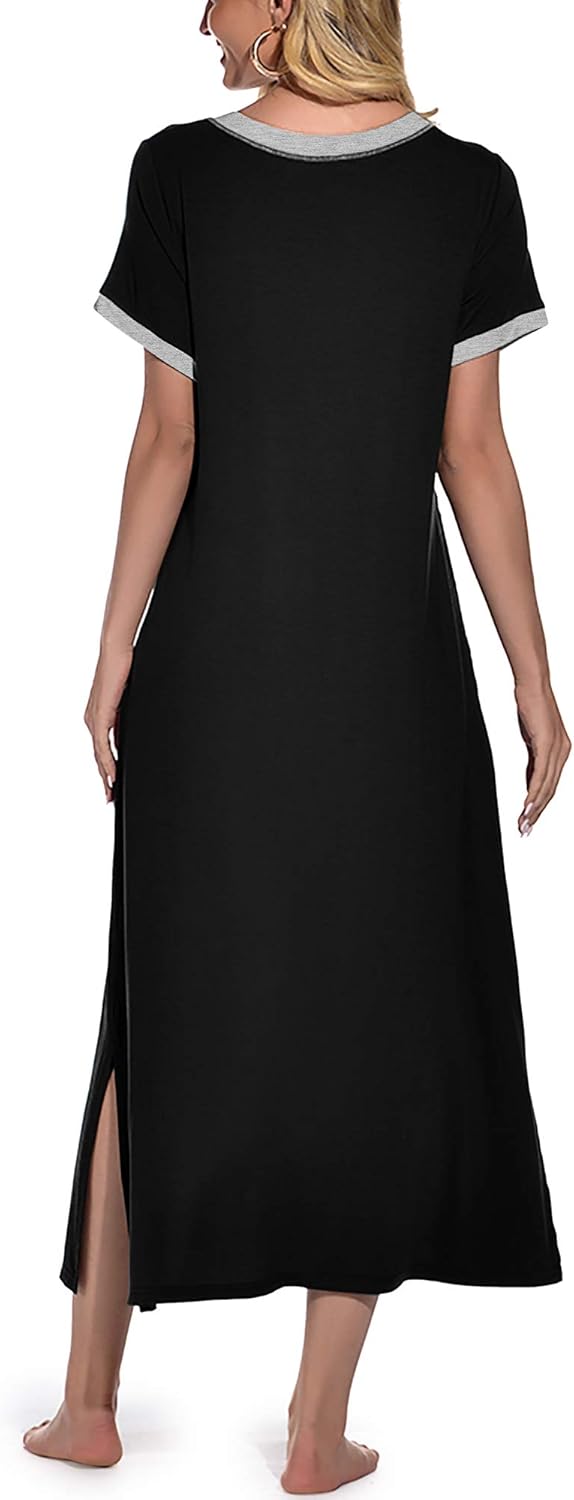 PrinStory Womens Long Nightgown Short Sleeve Nightshirt V-Neck Soft Loungewear Casual Sleepwear With Pockets