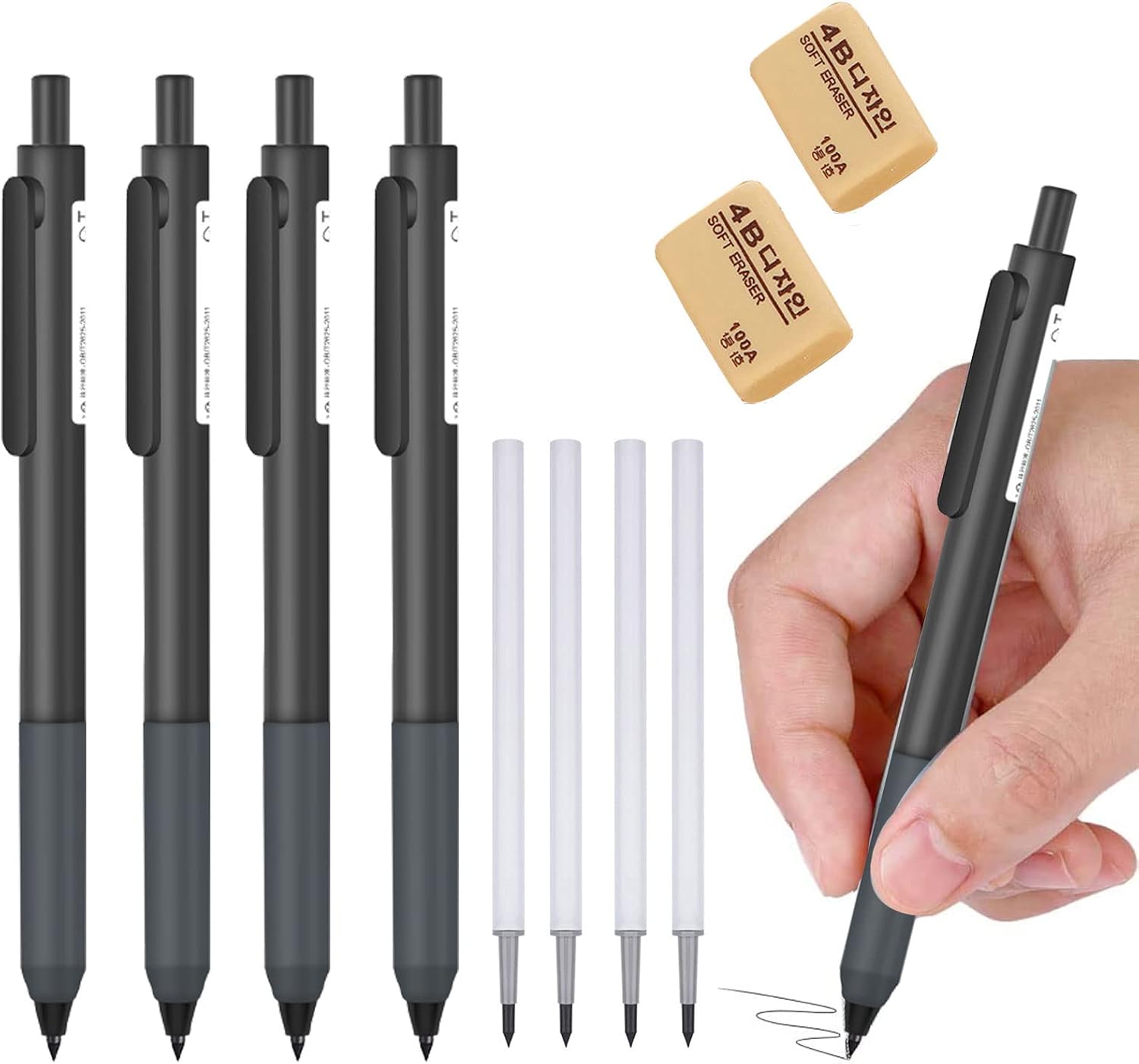 Crayon sans encre, crayon infini avec gomme, crayon d&rsquo;écriture illimité, crayons magiques réutilisables longue durée pour l&rsquo;écriture, le dessin, le dessin, les fournitures scolaires de bureau à domicile (4 pièces, noir)