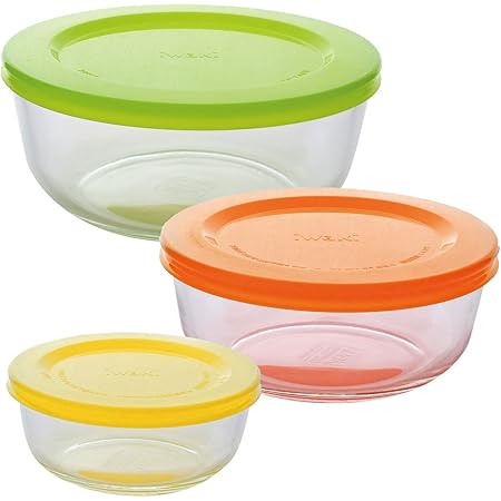 Amazon Co Jp Iwaki イワキ 耐熱ガラス 保存容器 パックぼうる トリオ カラフル 入れ子収納 180ml 400ml 800ml大中小セット レンジ オーブン可 Skc3450 Yog ホーム キッチン