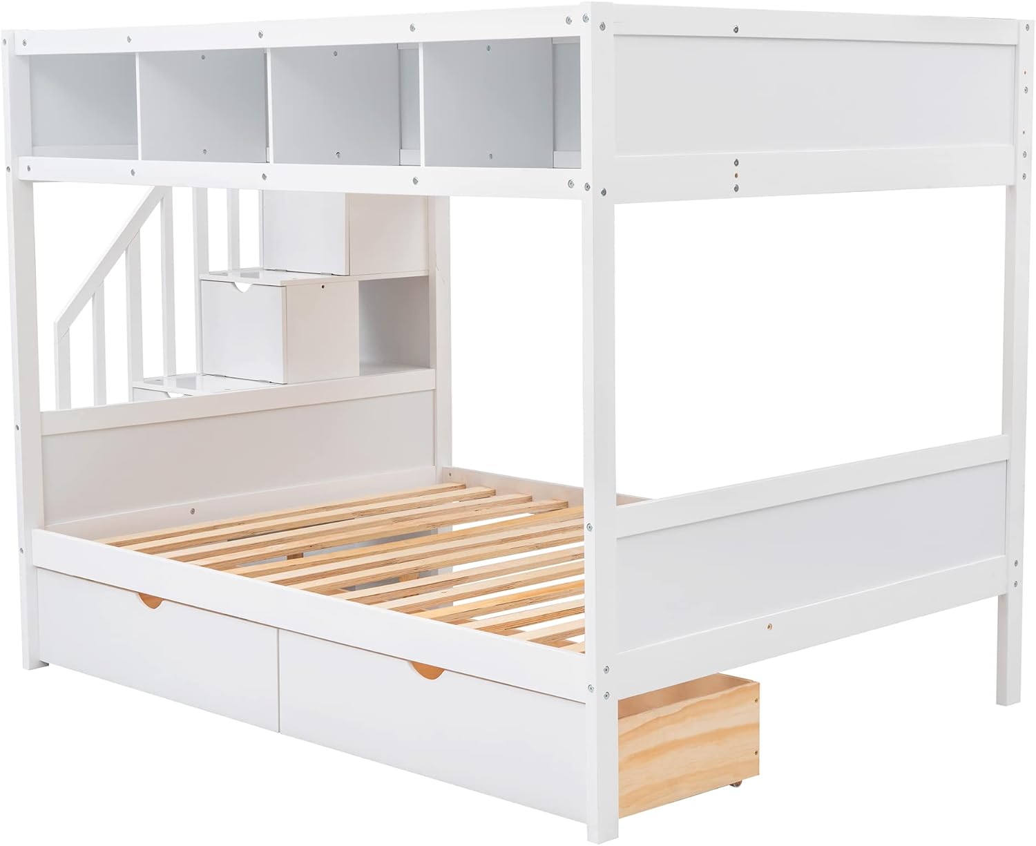 Harper & Bright Designs Twin Over Full Bunk Bed with Storage Staircase and 2 Drawers,Wood Bunk Bed Frame with 4 Storage Shelves for Kids Boys Girls Teens, No Box Spring Need,White