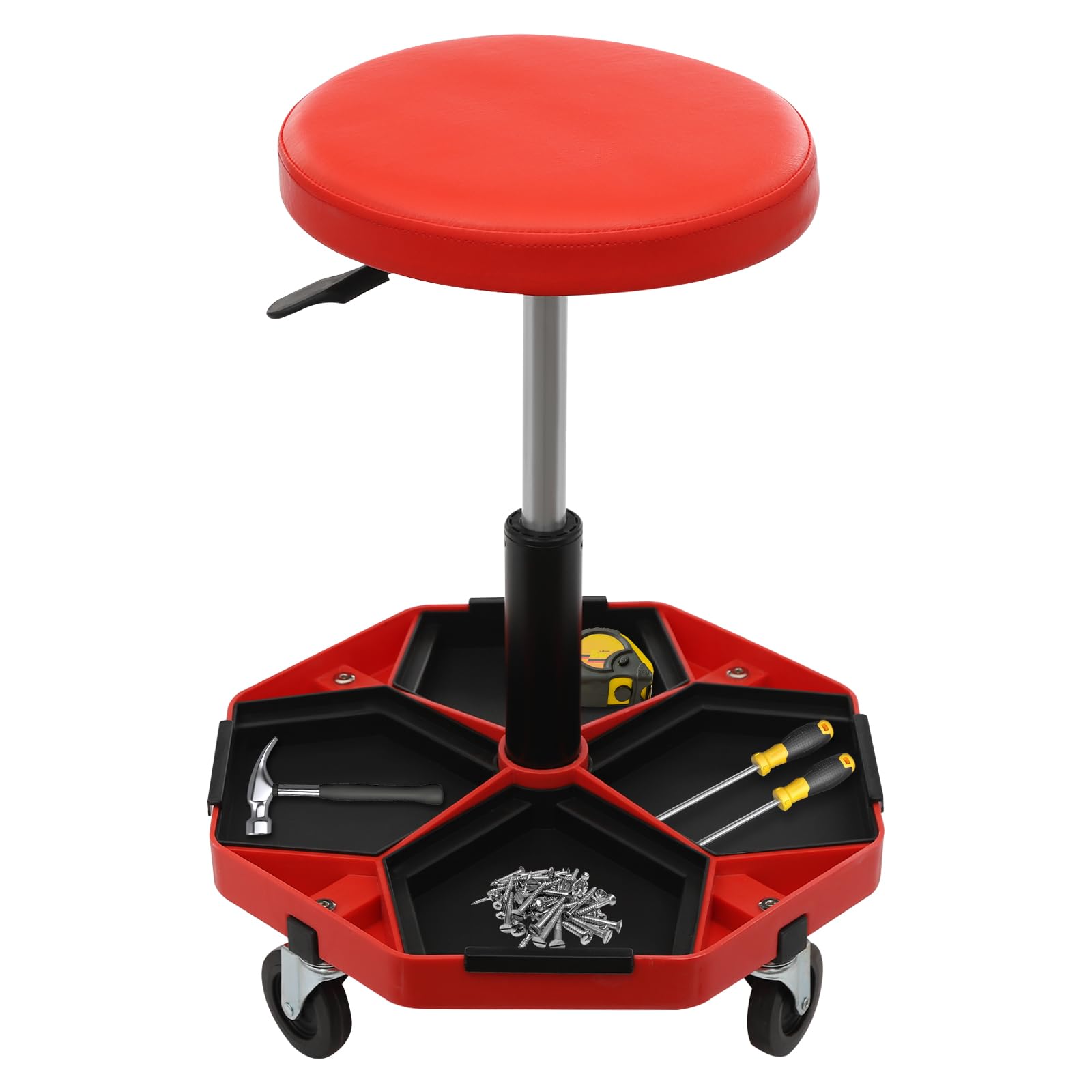 Sgabello da officina, regolabile in altezza, 45-61 cm, portata 150 kg, diametro 43 cm, con ripiano per attrezzi, sedia da lavoro (rosso, nero)