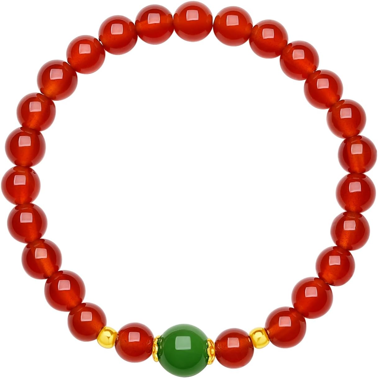 24K Solid Gold Stretch Bracelet Healing Red Agate Beaded Bracelets Green Jade Bead Charm Anniversary Birthday Dainty Pure Gold Jewelry for Women Wife Mom 17cm J1913657