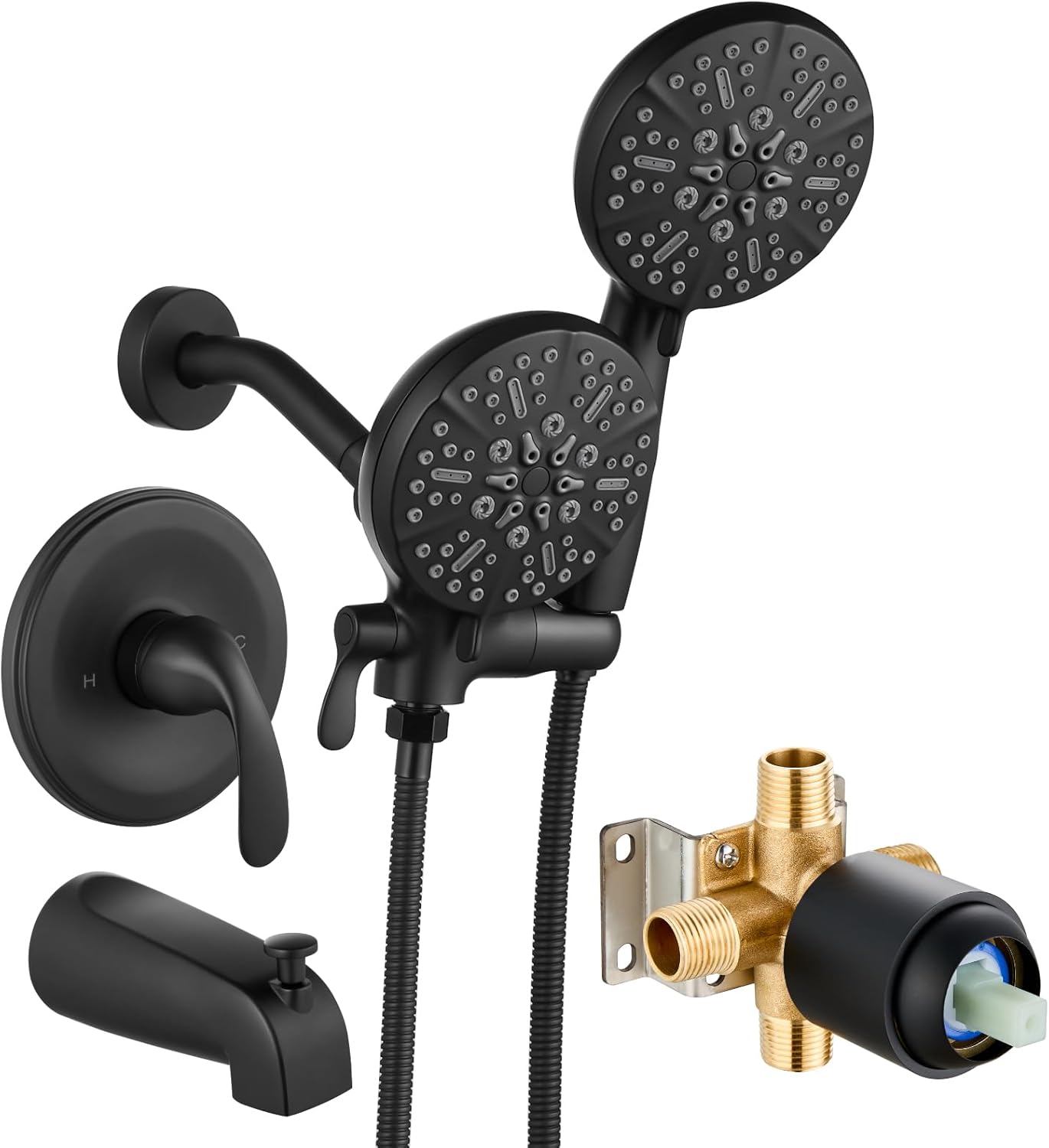 gotonovo Tub Shower Faucet Set,2 in 1 Dual Shower Head and Handle Set with Tub Spout Wall Mount Bathroom Shower Trim Kit with 3-way Water Diverter Valve Included Various Modes Matte Black