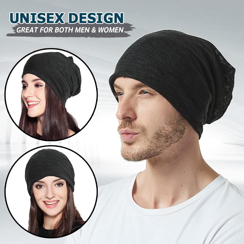 EINSKEY Cotton Slouchy Beanie Hat for Men/Women, Lightweight Oversize Large Thin Skull Cap Chemo Cap Night Sleeping Cap Black & Gray (Thin)