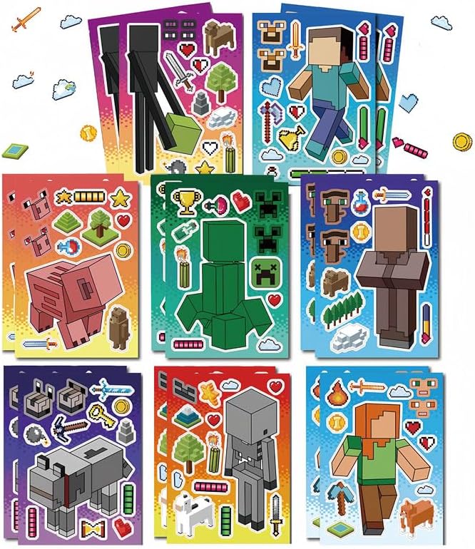 DEJINDEJIN 16 Pieces Boys Miner Gaming DIY Kids Make a Face Stickers, Make Your Own Party Favor Bag for Sticker Birthday Party Supplies Party Bag Fillers Boys Girls Gift
