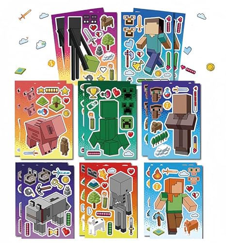 DEJIN 16 calcomanías para niños, minero, juegos, bricolaje, para hacer una cara, haz tu propia bolsa de recuerdos de fiesta para calcomanías, suministros de fiesta de cumpleaños, relleno de bolsas de