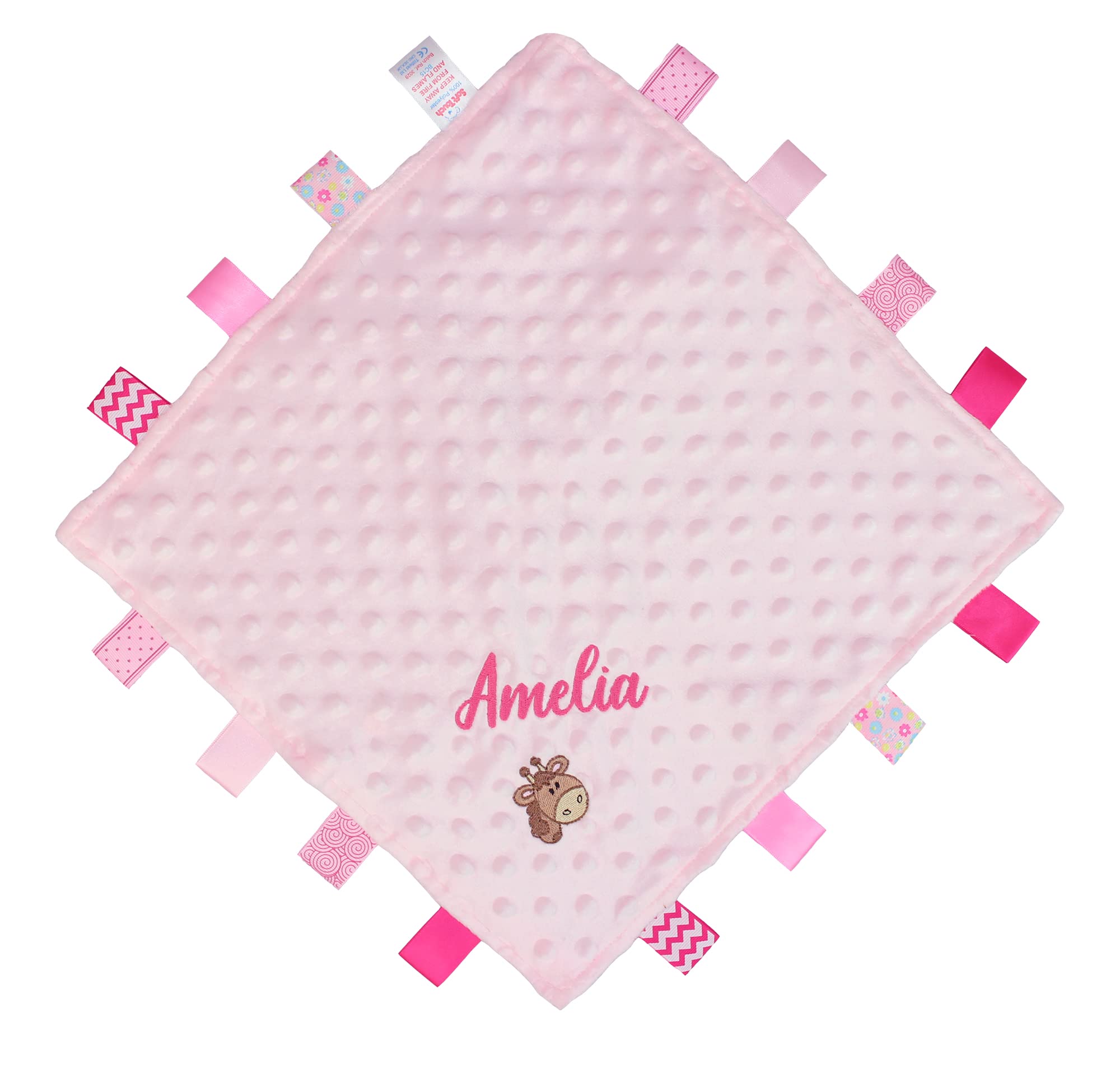Personalised Giraffe Baby Taggy Ribbon Pink Comforter Blanket
