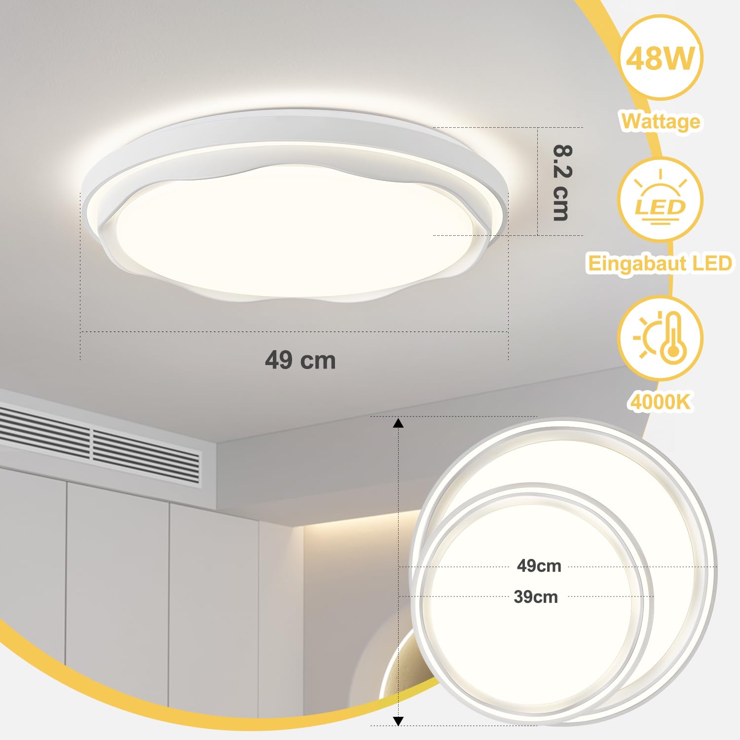 Qamra 49cm Lámpara Techo LED de, Lámpara de Techo Acrilico Blanca Redondo | Plafon Led Techo Moderna, Estilo Minimalist para Salone, Dormitorio, Cocina, Entrada, despacho