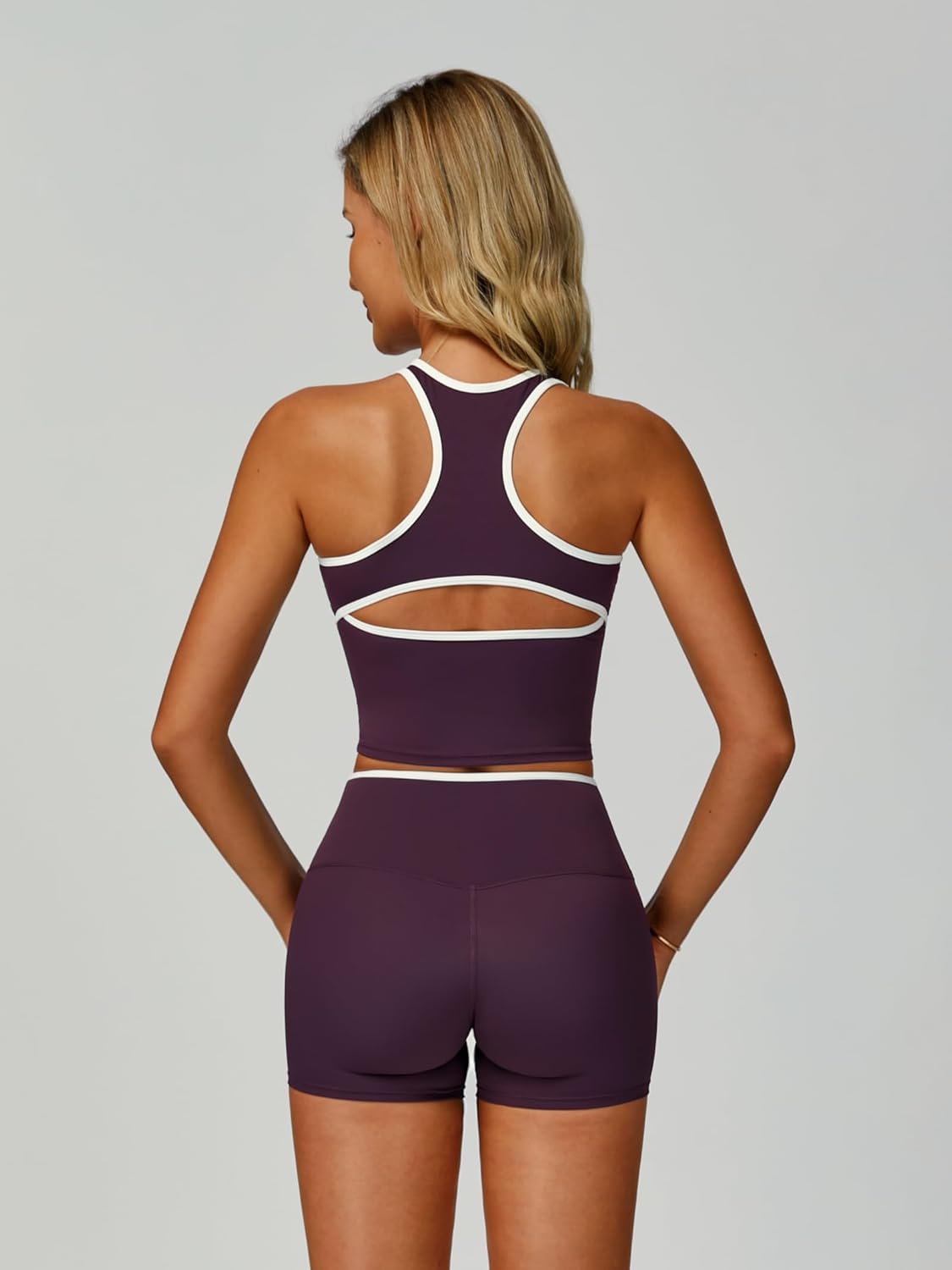 ABOCIW Workout Sets for Women 2 Piece Color Block V Neck Racerback Tank Top Built in Bra High Waist Shorts - Image 4