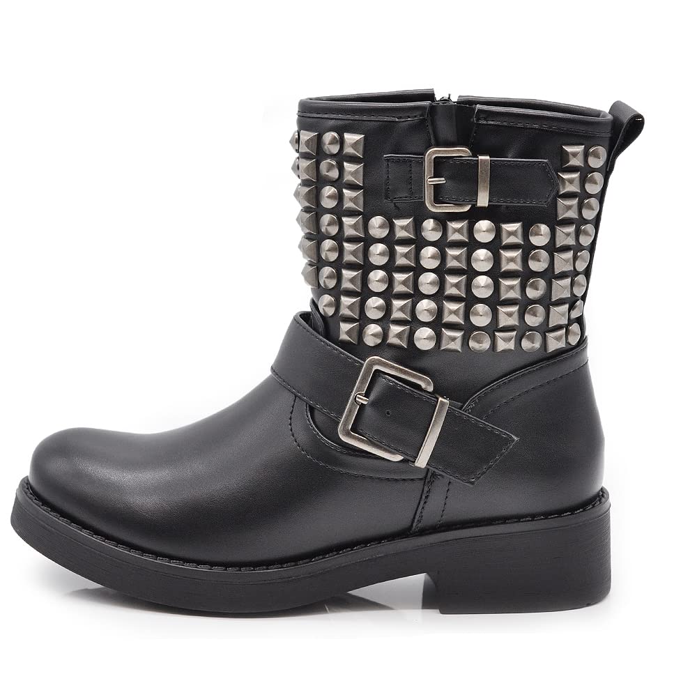 IF 8081A Bottines pour femme Cheville Anfibi Motocycliste Biker Boucle - Noir - 8081 Noir