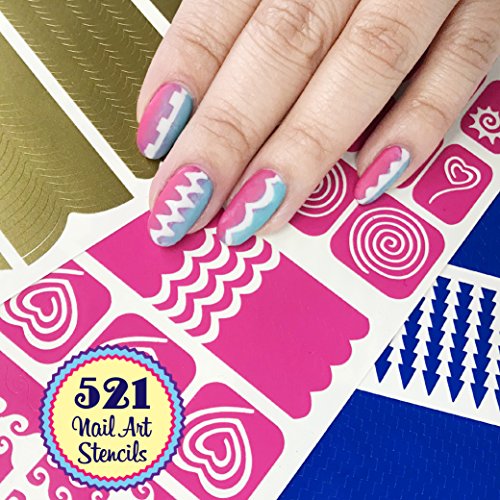 521 Nail Art Stencils Vinyl - 18 Different Swirl Shapes: Arrows, Chevron, French Tip & More Adhesives Stripe Guides Patterns Designs in 3 Sheets Supplies Kit Stickers Tape Foil Decals Craft Gift