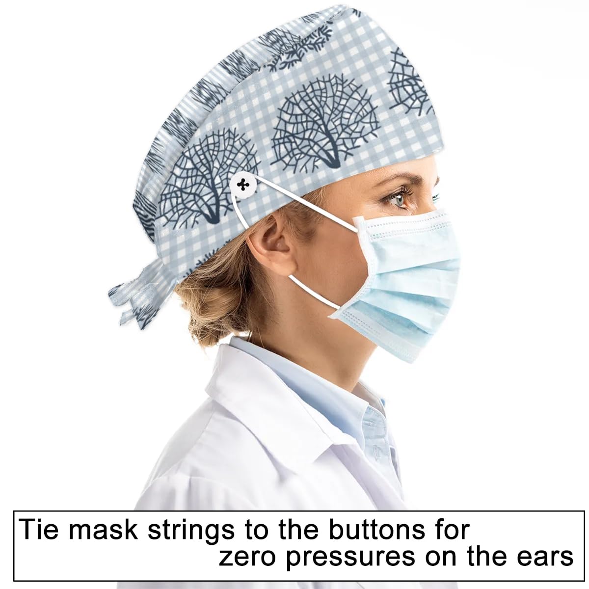 Mularoka Grid Hand Painted Coral Working Caps with Button Sweatband Comfortable Adjustable Bouffant Hats Work Hat for Women Men