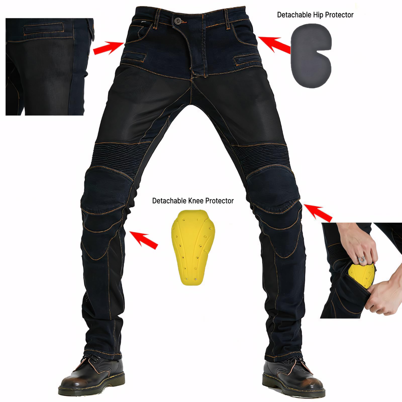 Pantaloni da Moto Uomo Traspiranti con Protezioni, Jeans da Motociclista alla Moda