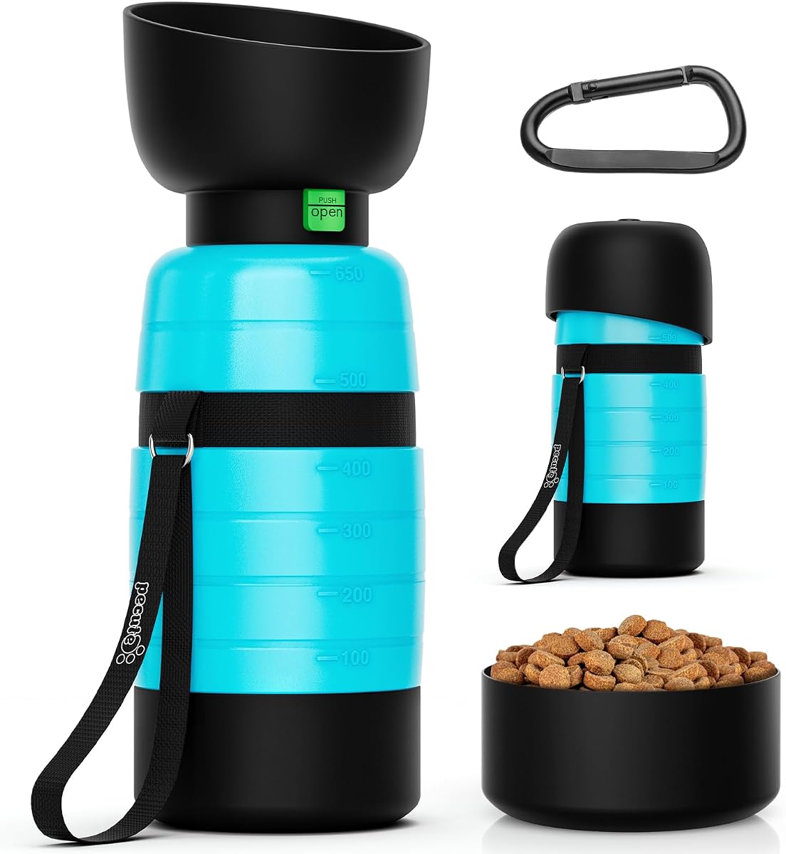 Pecute Upgraded 22 oz Dog Water Bottle with 5 oz Food Container, Portable Dog Travel Water Bottle Dispenser, Leakproof, BPA Free, Lightweight, Pet Water Bottle Bowl for Outdoor Walking Hiking Camping | Portable, Leakproof, BPA Free, Foldable bowl, Lightweight with Carabiner, Ideal for Hiking, Camping, Outdoor Walks